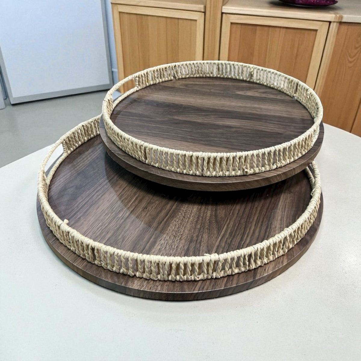 SET 2 PLATEAUX ROND BOIS/OSIER