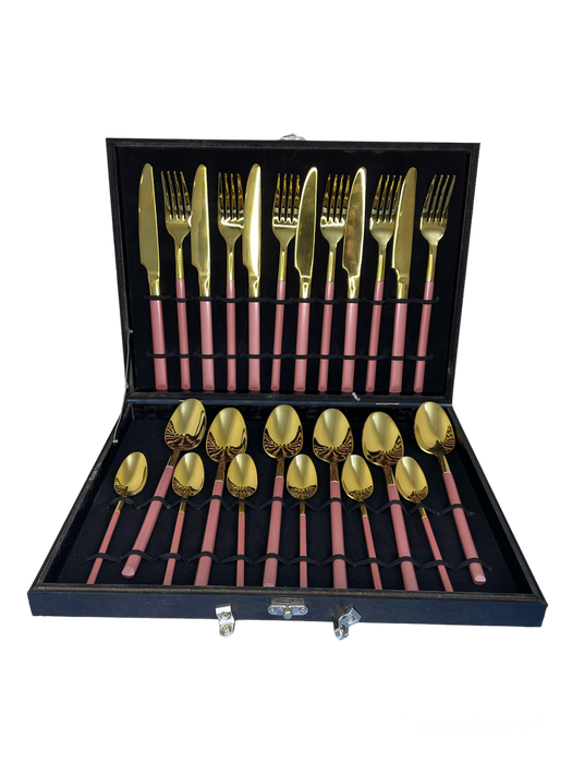 MENAGERE 24 PIECES EN INOX ROSE/DORE